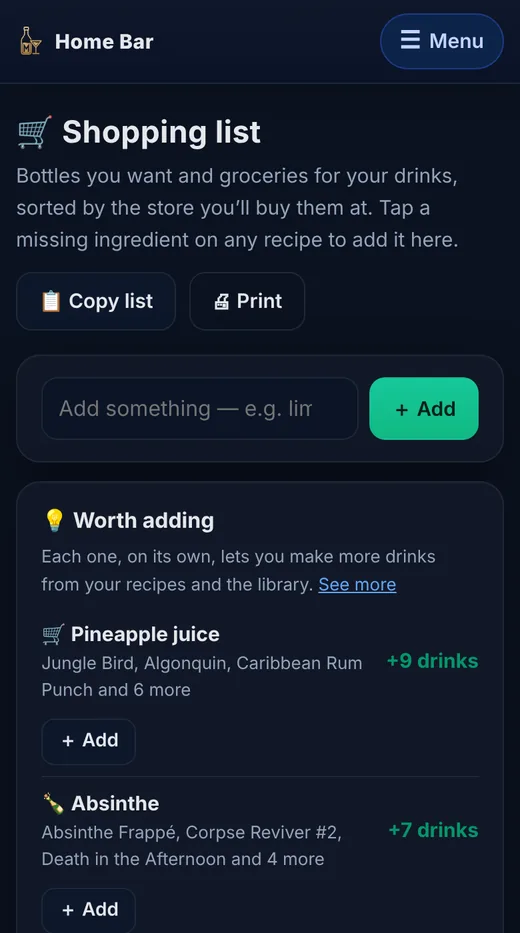 The shopping list with suggestions worth adding, such as pineapple juice for nine more drinks.