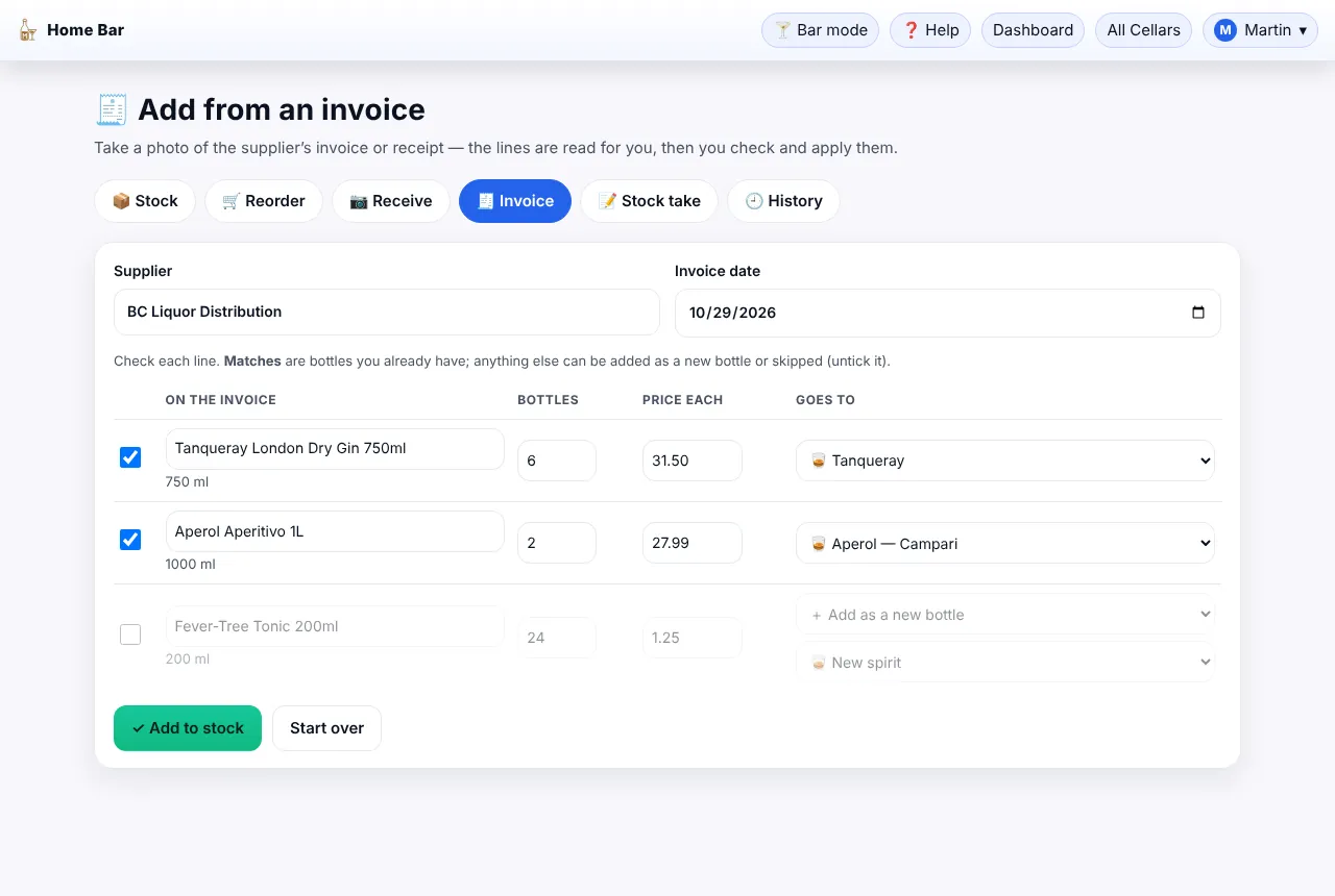 Each invoice line matched to your bottles before anything is changed.
