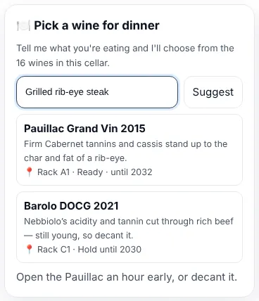 “Pick a wine for dinner” chooses only from wines in your cellar.