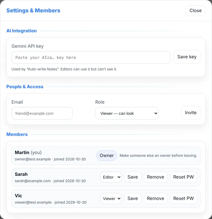 Settings → People & Access: invite by email, then manage members below.