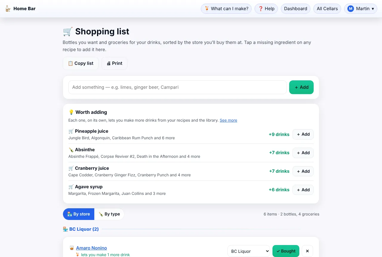Grouped by store, with a store picker on every item.